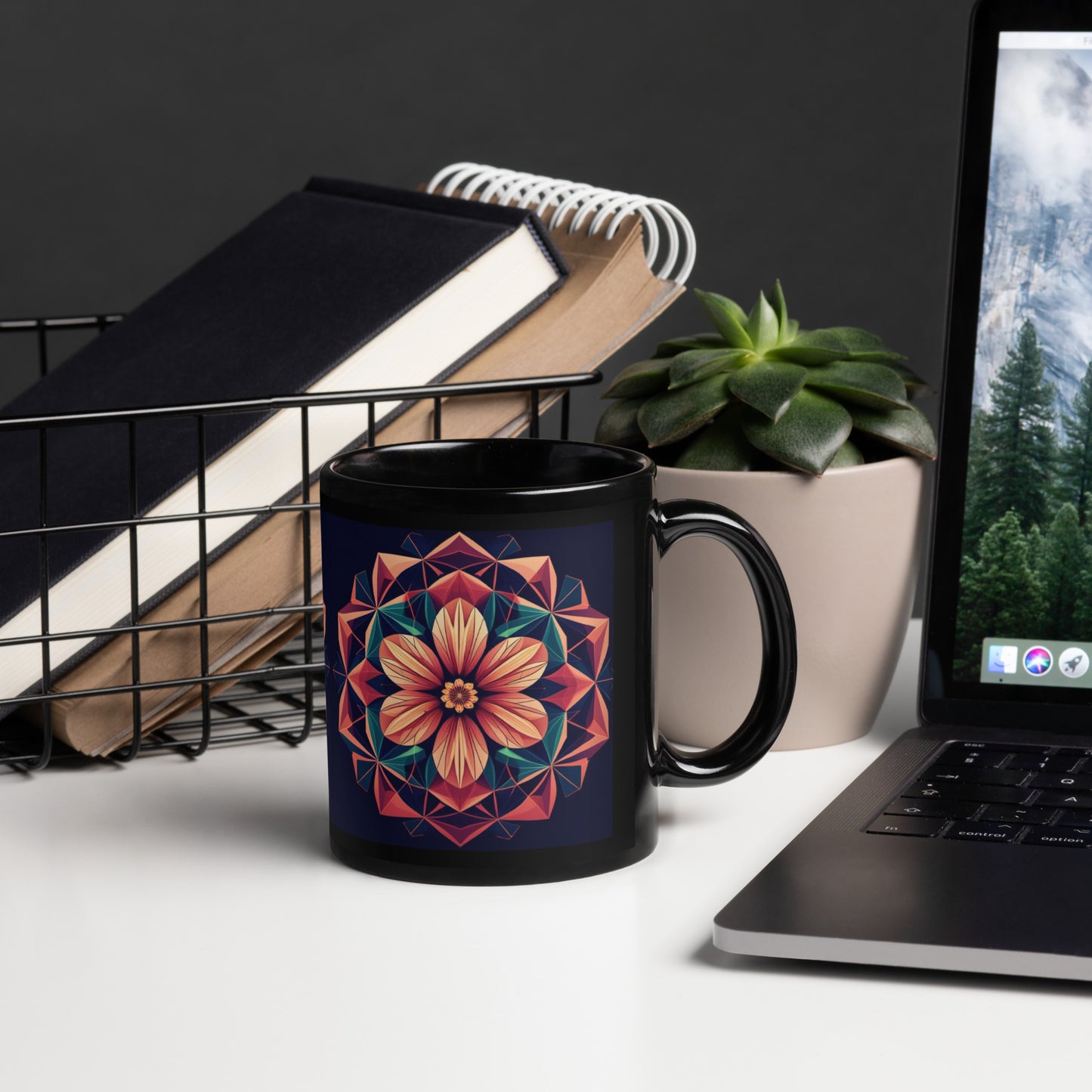 Black Glossy Mug geometric flower