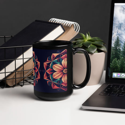 Black Glossy Mug geometric flower