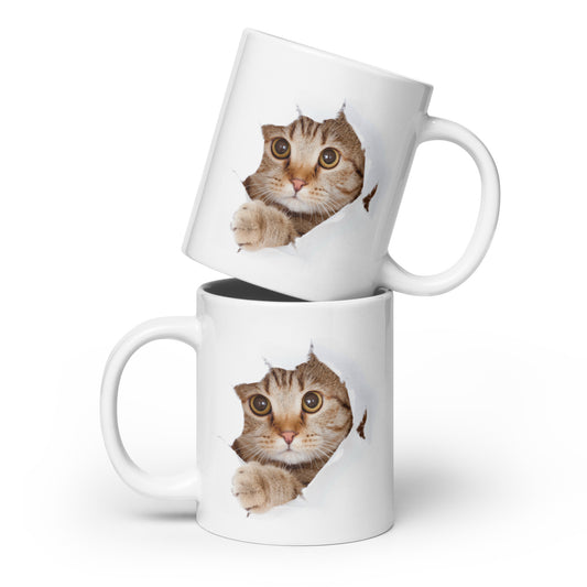 Peeping Cat White glossy mug